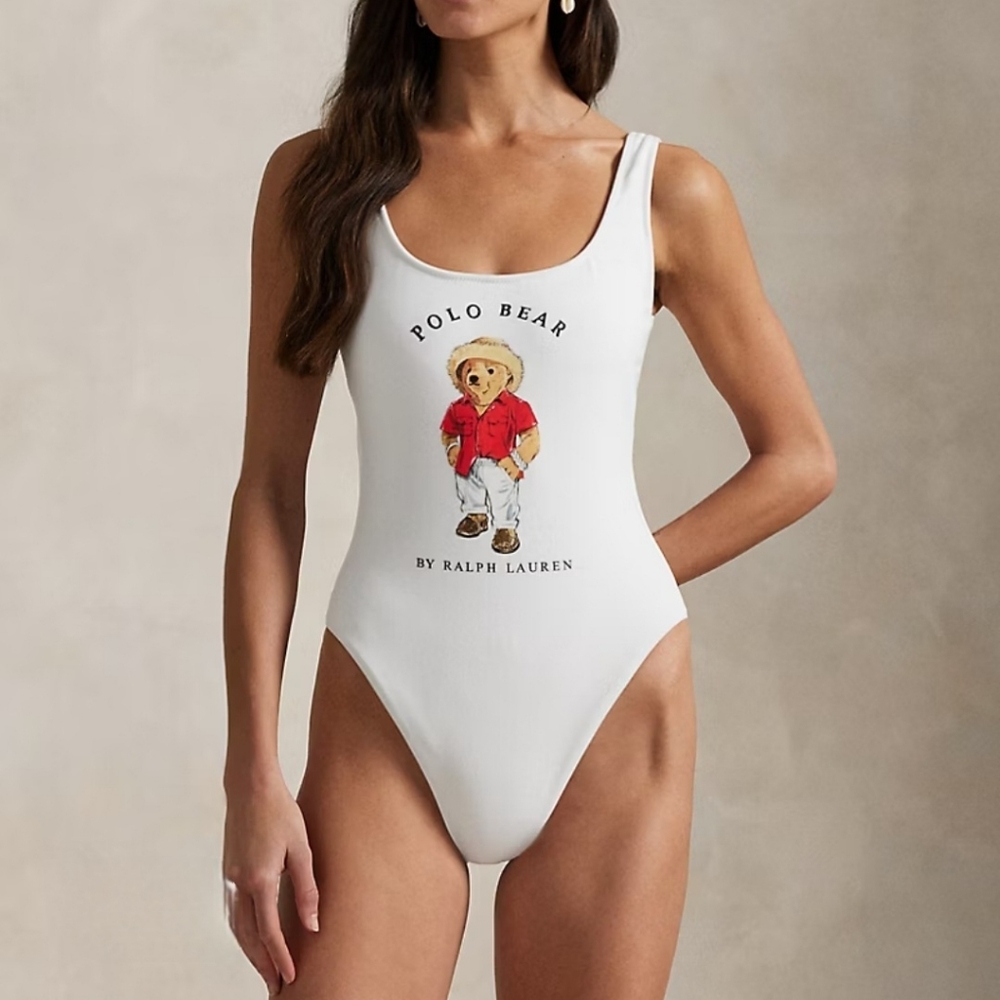 $200 NWT Polo Ralph Lauren Bear 1 Pc Swimsuit White L Large Lined French Terry